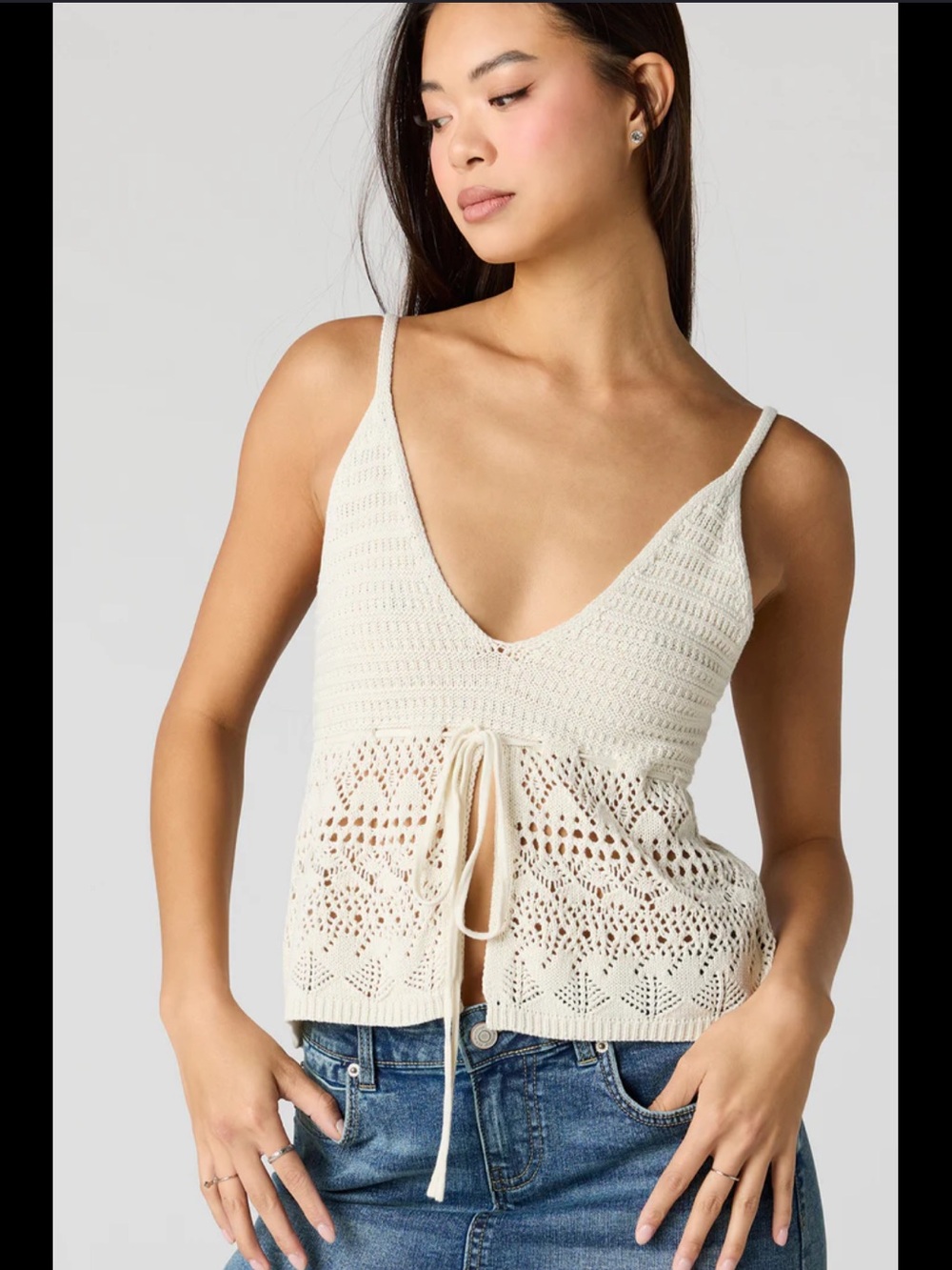 Arden B Crochet Tie Fromt Babydoll Top Camisole Large Hippie Cotton Festival